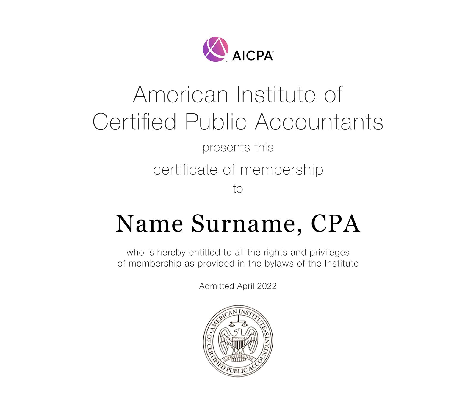 Certified CPA USA Certificate original from AICPA