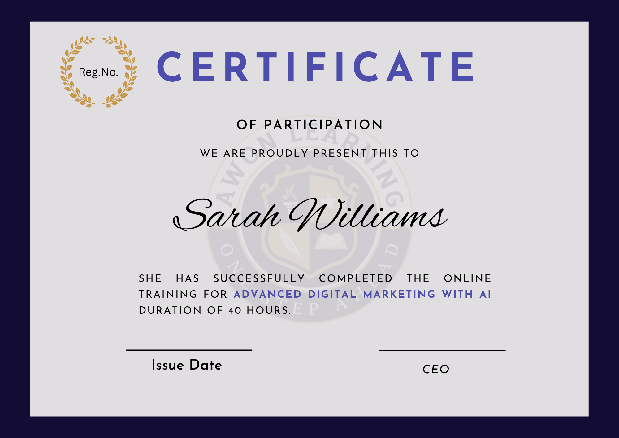 Certificate after completion of digital marketing online training awarded byawon